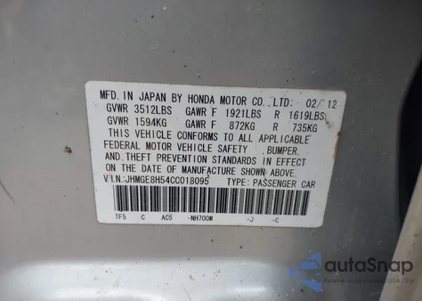 2012 Honda Fit Sport z USA, uszkodzony, nr VIN JHMGE8H54CC018095